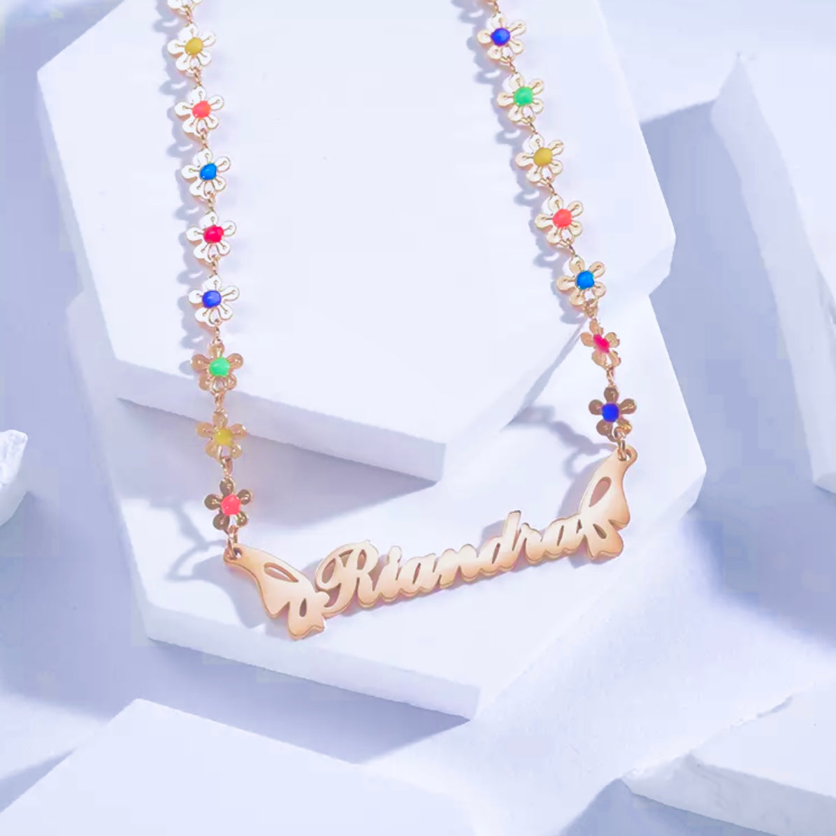 14k Gold Stainless Steel 3D Multi-Color Flower And Butterfly Custom Name Necklace