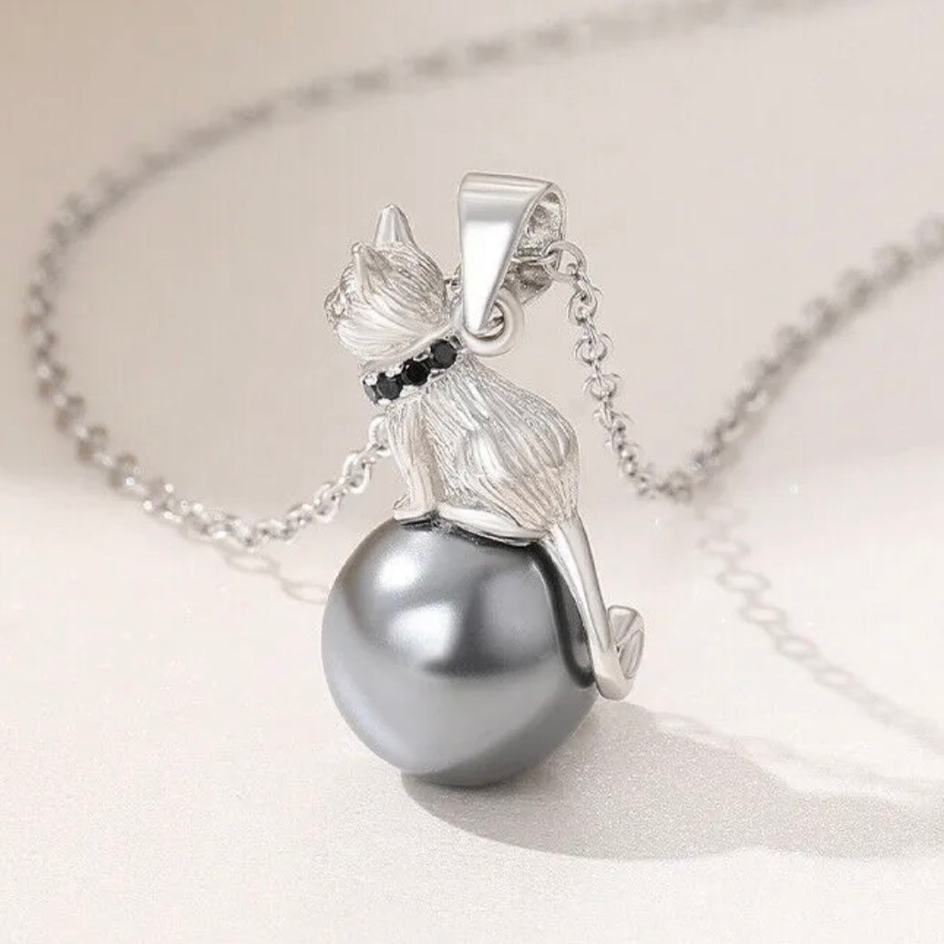 Elegant Rare 925 Diamond Cut Cubic Zirconia Fresh Water Pearl Unique Cat Pendant And 18” Silver WaterWave Chain Set