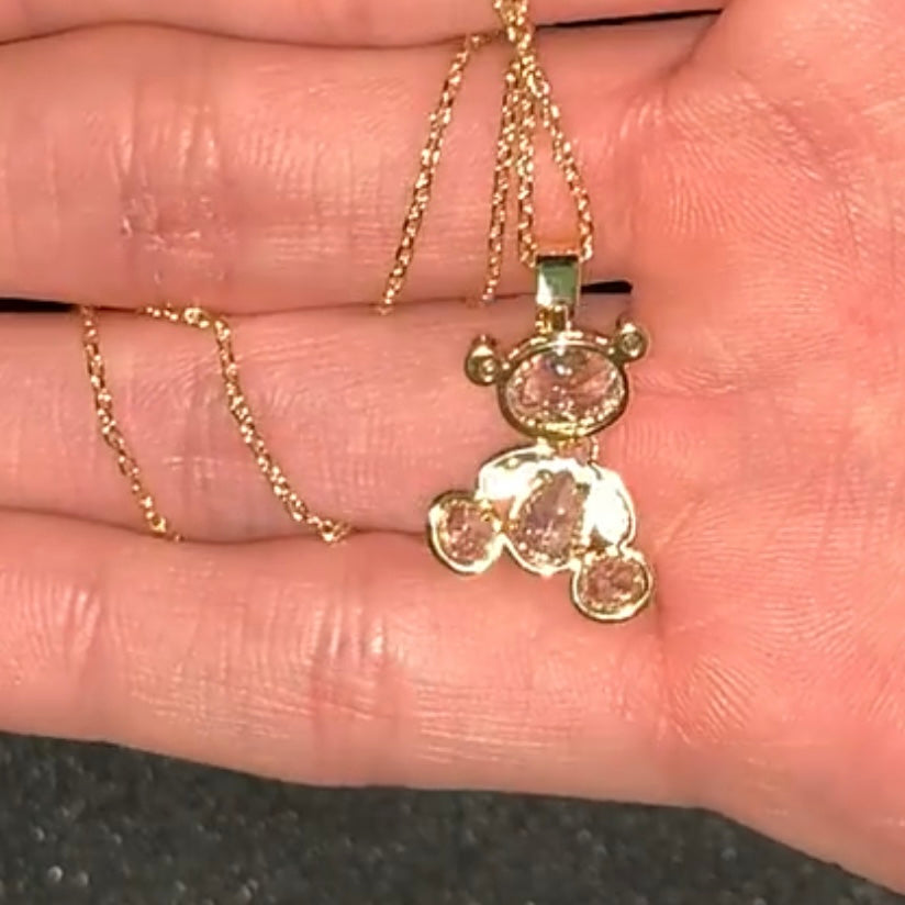 Collar con colgante de osito de peluche de cristal súper brillante de oro de 14 quilates para su despedida de soltera, babyshower, cumpleaños, día de San Valentín o regalo de Año Nuevo