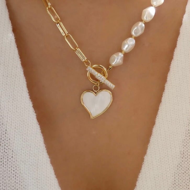 Lopsided 14k Gold Heart Shaped Pearl Pendant Necklace w/ Sapphire Chrystal Encrusted Toggle Clasp