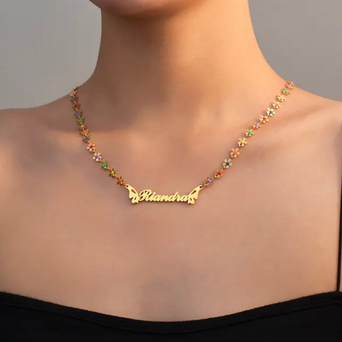 14k Gold Stainless Steel 3D Multi-Color Flower And Butterfly Custom Name Necklace