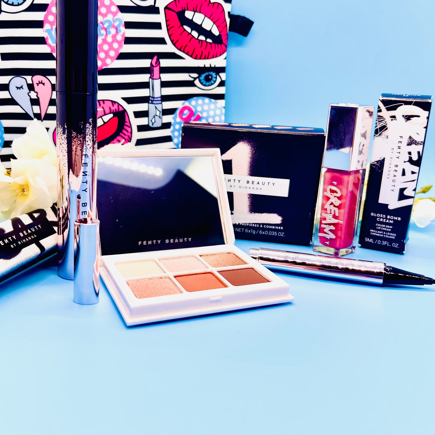 Fenty Beauty 6 Piece Makeup Gift Set, Eyeshadow, Lipstick, Eyeliner, Mascara w/ Free Bag