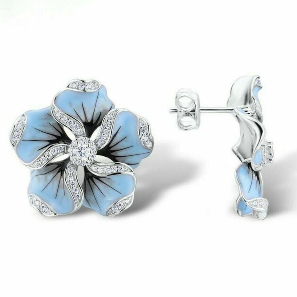 Preciosos pendientes de flores con incrustaciones de zafiro azul pastel de plata 925