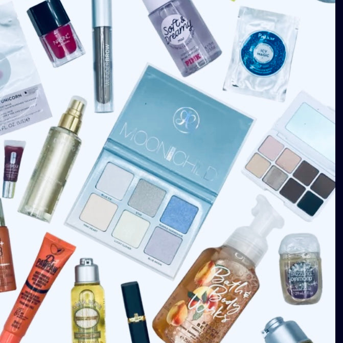 This pictures features Facetreasures Beauty products surrounding an eyeshadow palettes which represent what could be included in your surprise boxes.