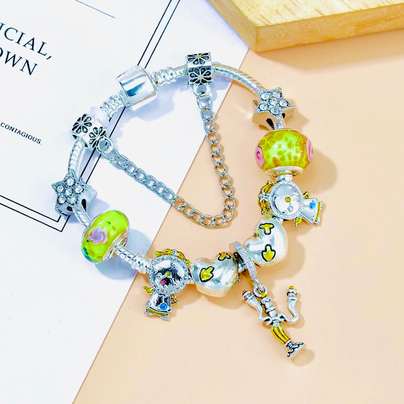 Very Rare Classic Silver Cubic Zirconia The Beauty & The Beast Charm Bracelet, Pandora Inspired Gifts For Her For Christmas Or Birthday