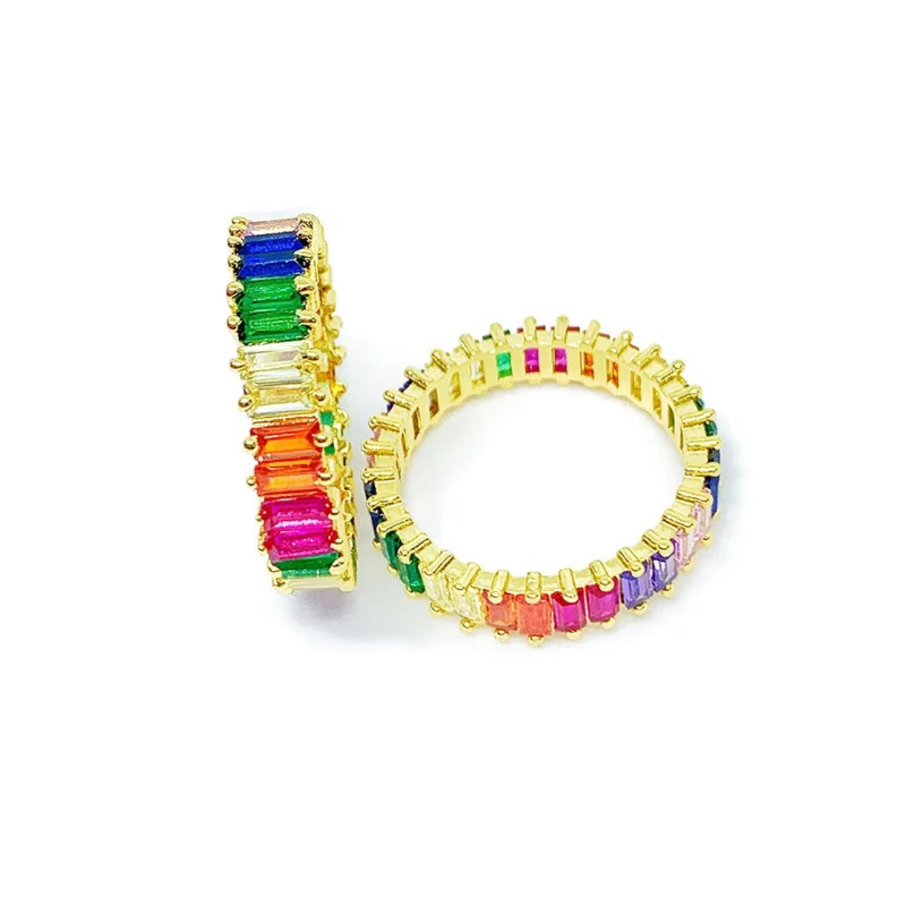 Exquisiter mehrfarbiger, makellos geschliffener Zirkonia 14 Karat Gold Silber Eternity Baguette Ring Größe 7