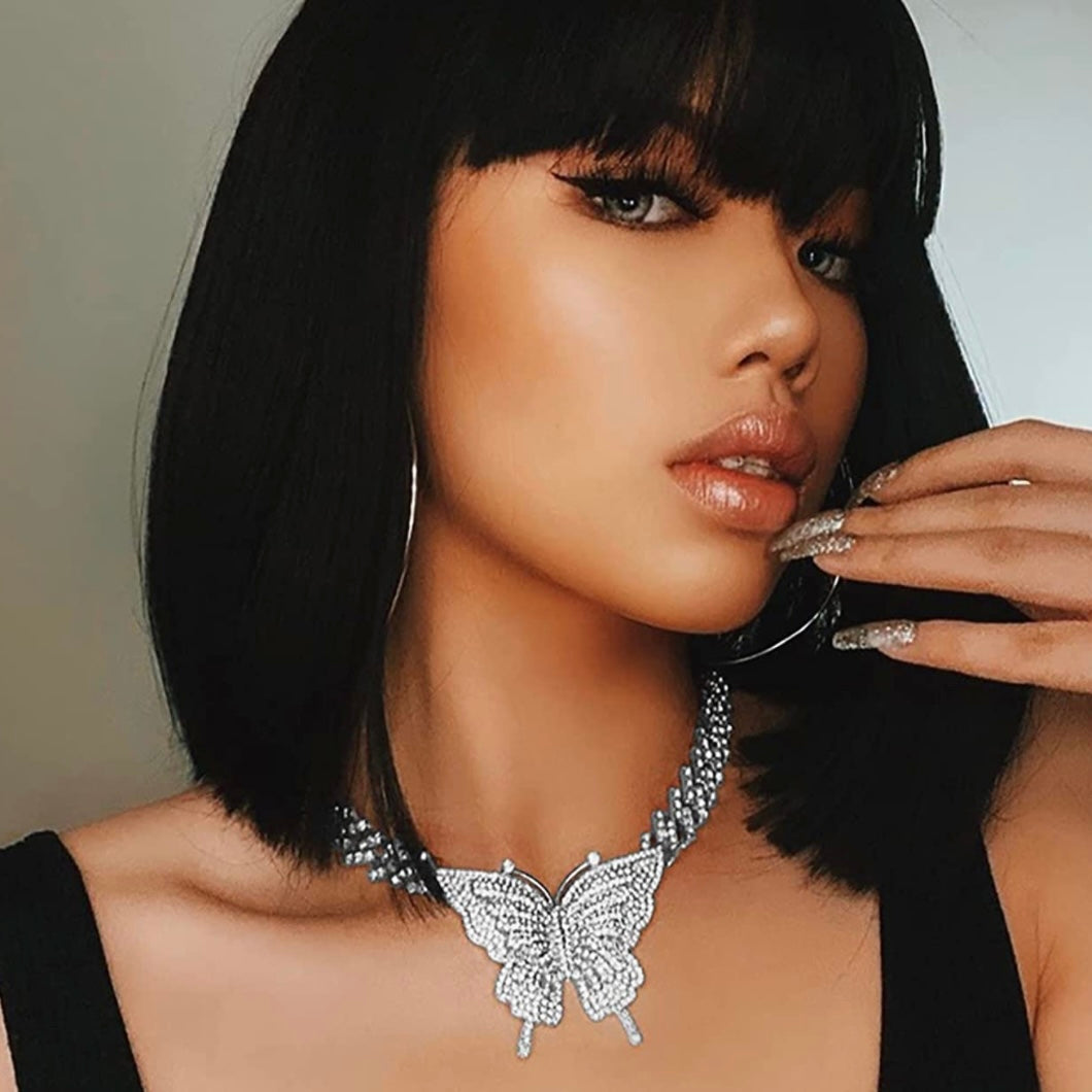Collar de diamantes de imitación con eslabones cubanos de mariposa de 16 pulgadas