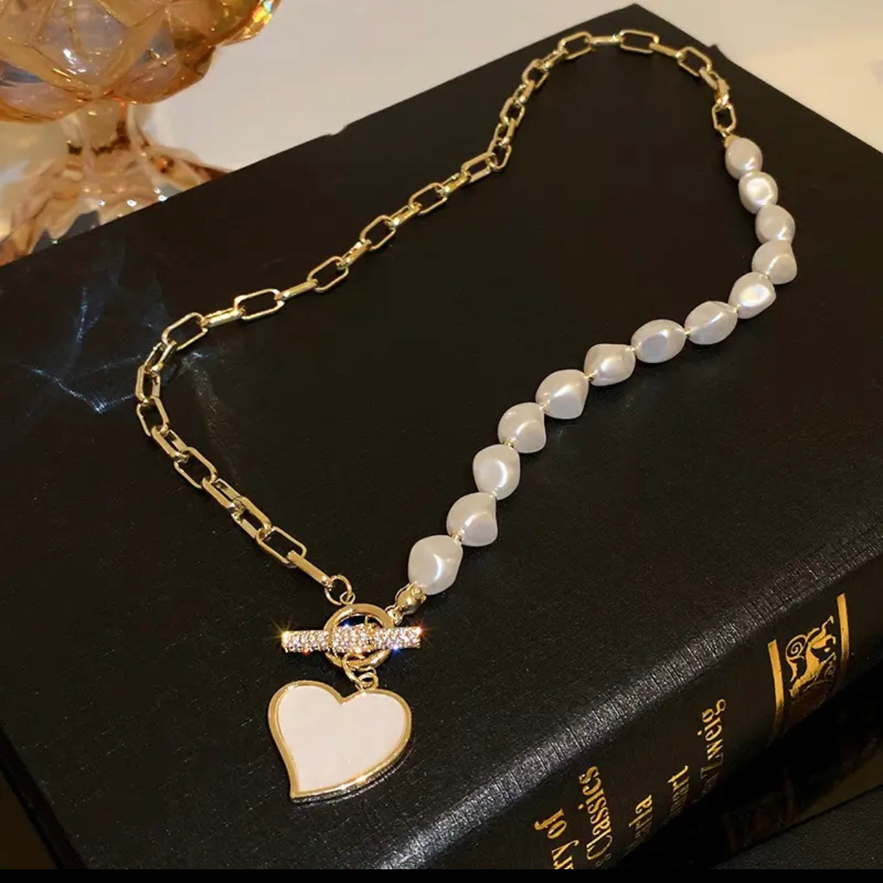 Lopsided 14k Gold Heart Shaped Pearl Pendant Necklace w/ Sapphire Chrystal Encrusted Toggle Clasp