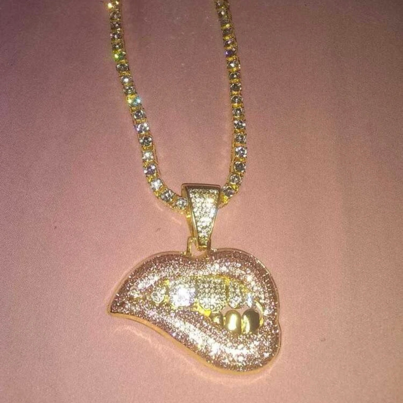 Stunning Gold Lips Encrusted CZ Rhinestone’s Pendant Necklace
