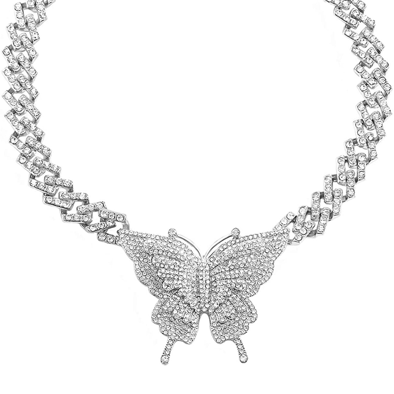 Collar de diamantes de imitación con eslabones cubanos de mariposa de 16 pulgadas