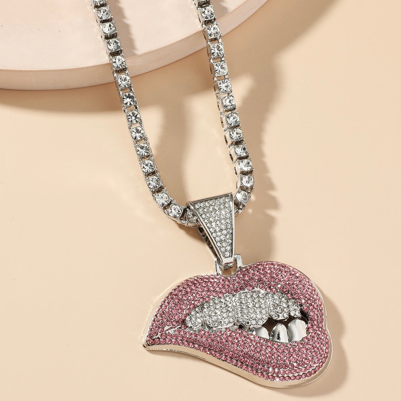 Stunning Gold Lips Encrusted CZ Rhinestone’s Pendant Necklace