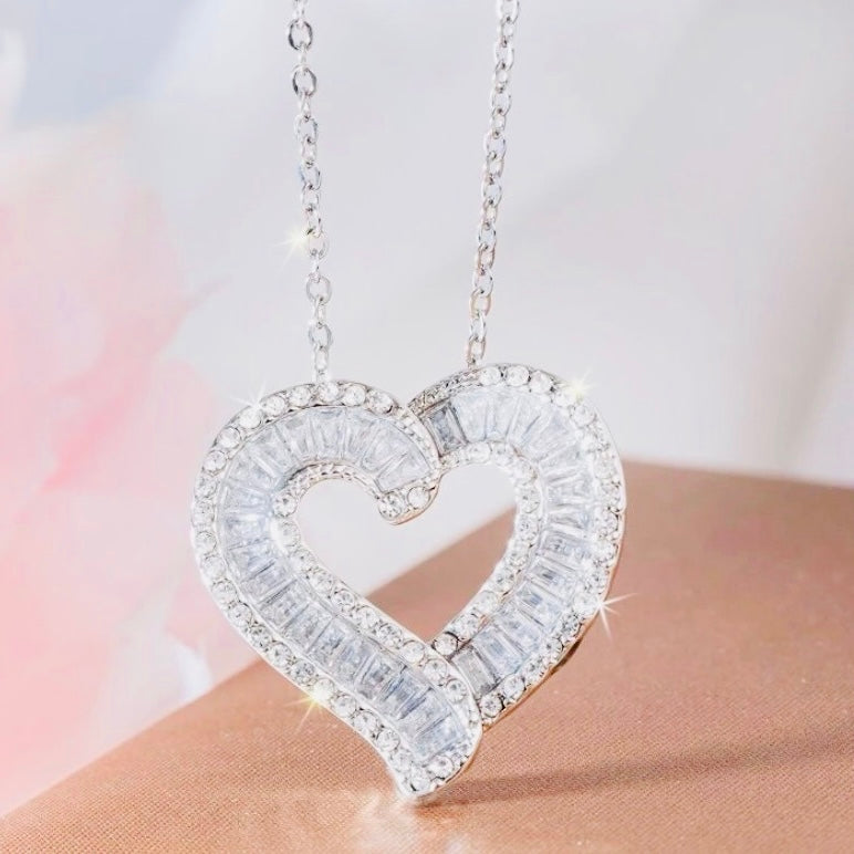 Flawless 14k White Gold Silver Princess Cut Chrystal Sapphire Heart Shaped Pendant 20 In. Necklace, Jewelry Gift For Her, Bridal, Easter