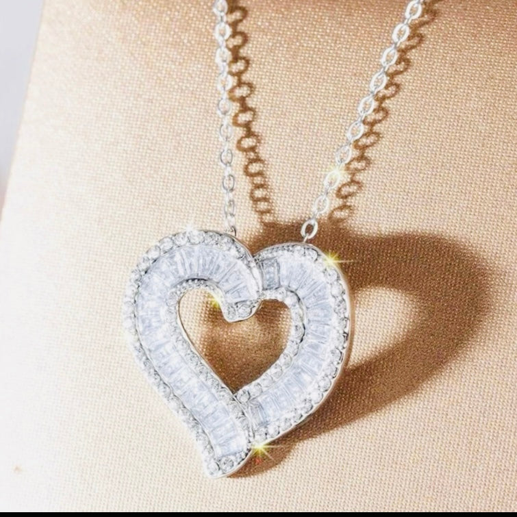 Flawless 14k White Gold Silver Princess Cut Chrystal Sapphire Heart Shaped Pendant 20 In. Necklace, Jewelry Gift For Her, Bridal, Easter