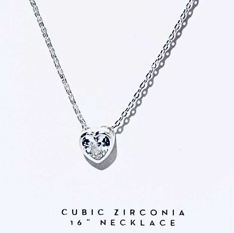 Beautiful Cubic Zirconia Heart Pendant 16 In. Silver Necklace