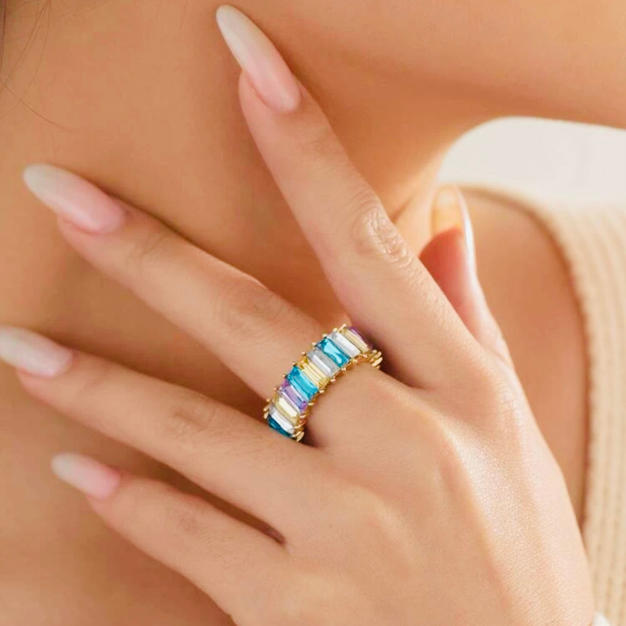 Multi-Colored CZ Crystal Eternity Baguette Ring, Size 8, Perfect Stackable Jewelry Gift