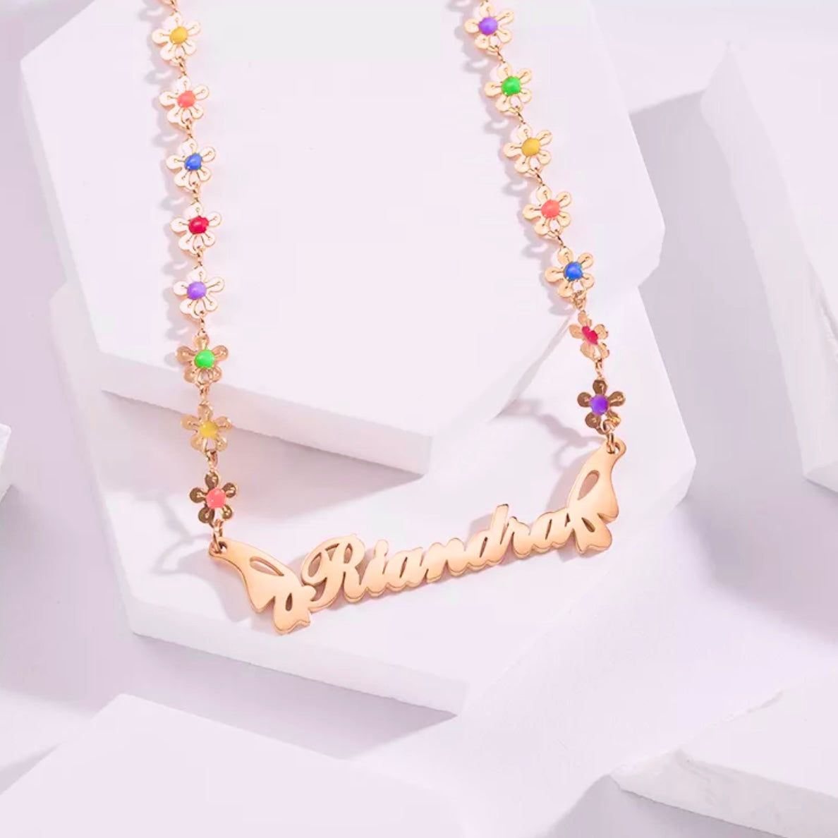14k Gold Stainless Steel 3D Multi-Color Flower And Butterfly Custom Name Necklace