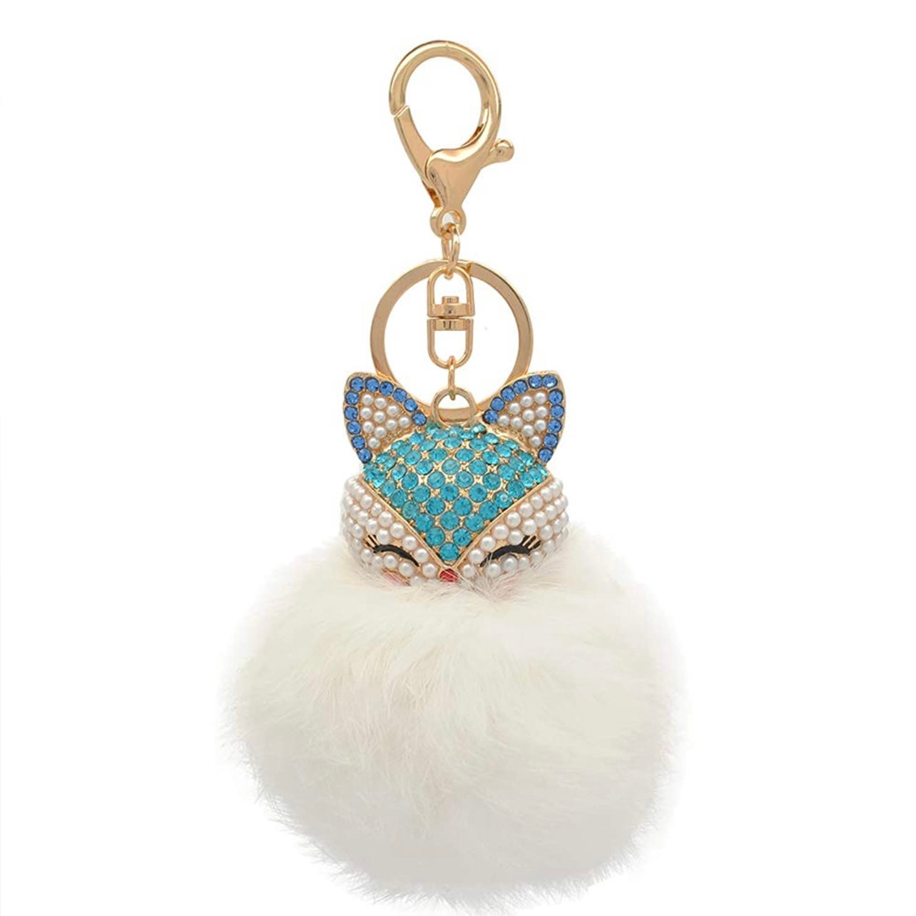 Llavero con pompón hinchado de piel sintética con cabeza de zorro súper lindo con zafiro multicolor, circonita cúbica y perla