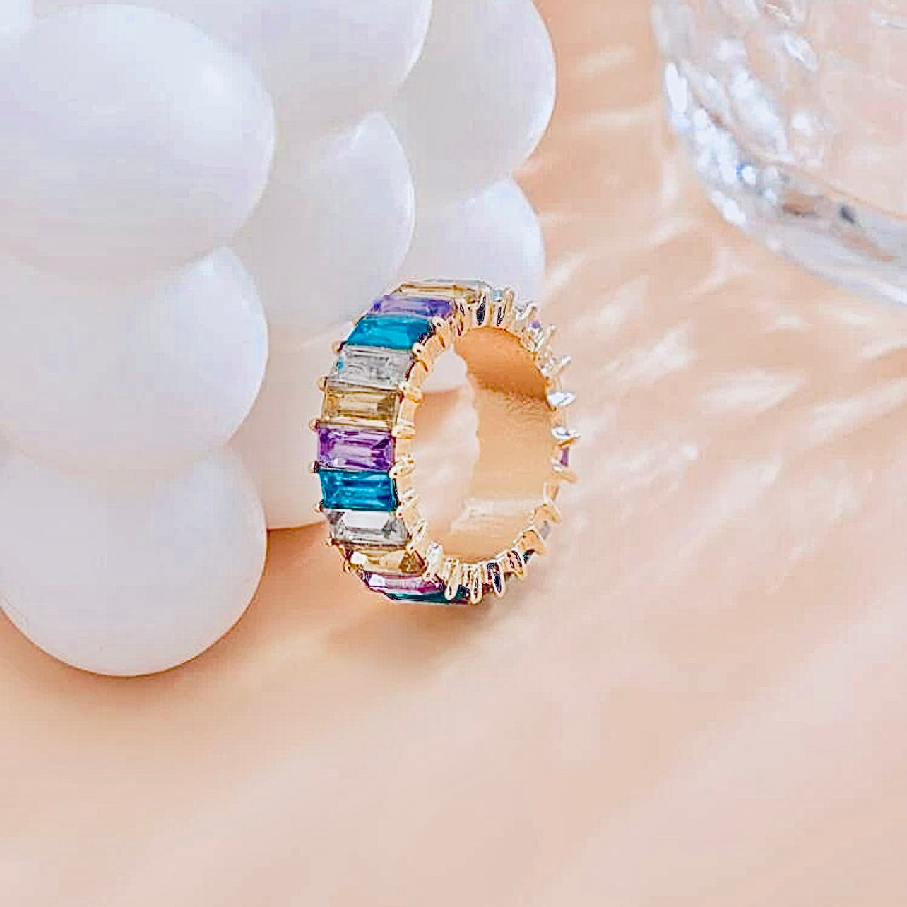 Multi-Colored CZ Crystal Eternity Baguette Ring, Size 8, Perfect Stackable Jewelry Gift