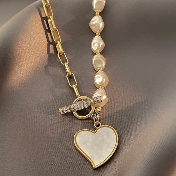 Lopsided 14k Gold Heart Shaped Pearl Pendant Necklace w/ Sapphire Chrystal Encrusted Toggle Clasp