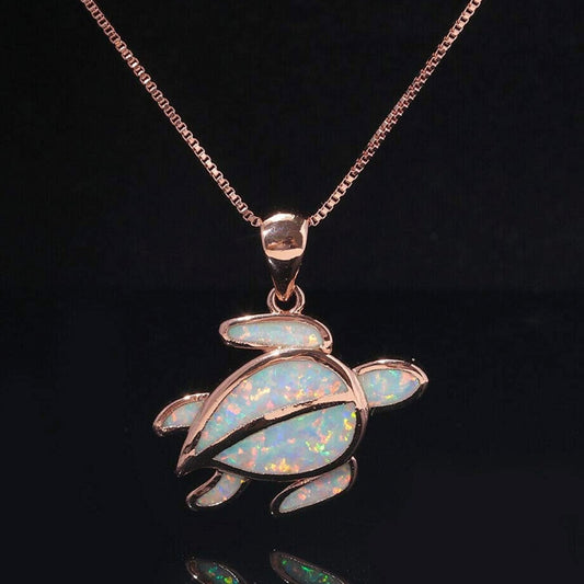 14K Rose Gold Opal Sea Turtle Pendant Necklace Set