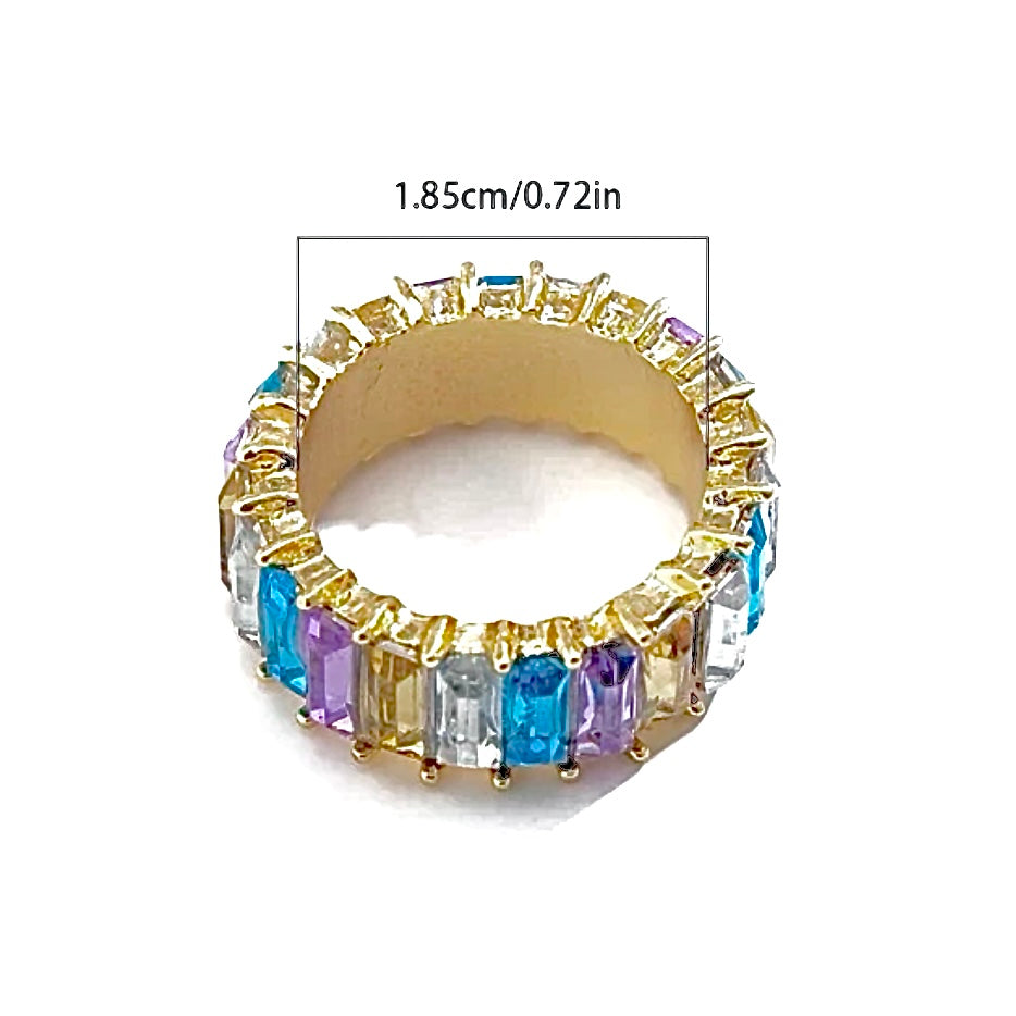Multi-Colored CZ Crystal Eternity Baguette Ring, Size 8, Perfect Stackable Jewelry Gift