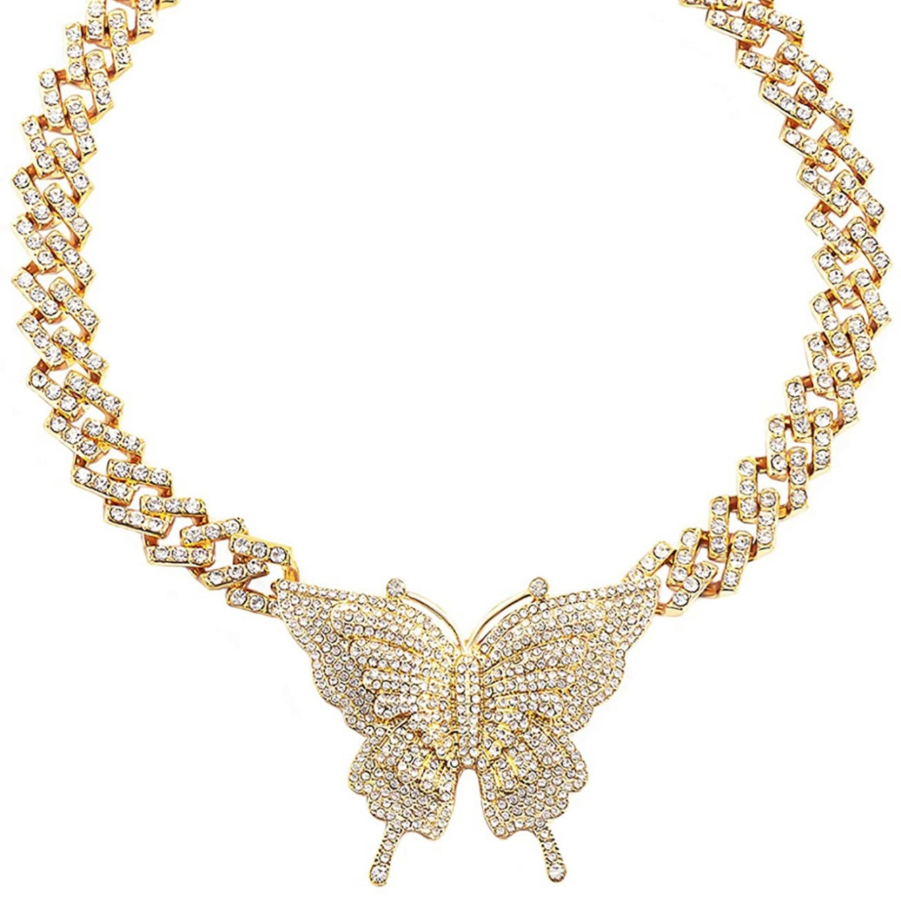 Collar de diamantes de imitación con eslabones cubanos de mariposa de 16 pulgadas