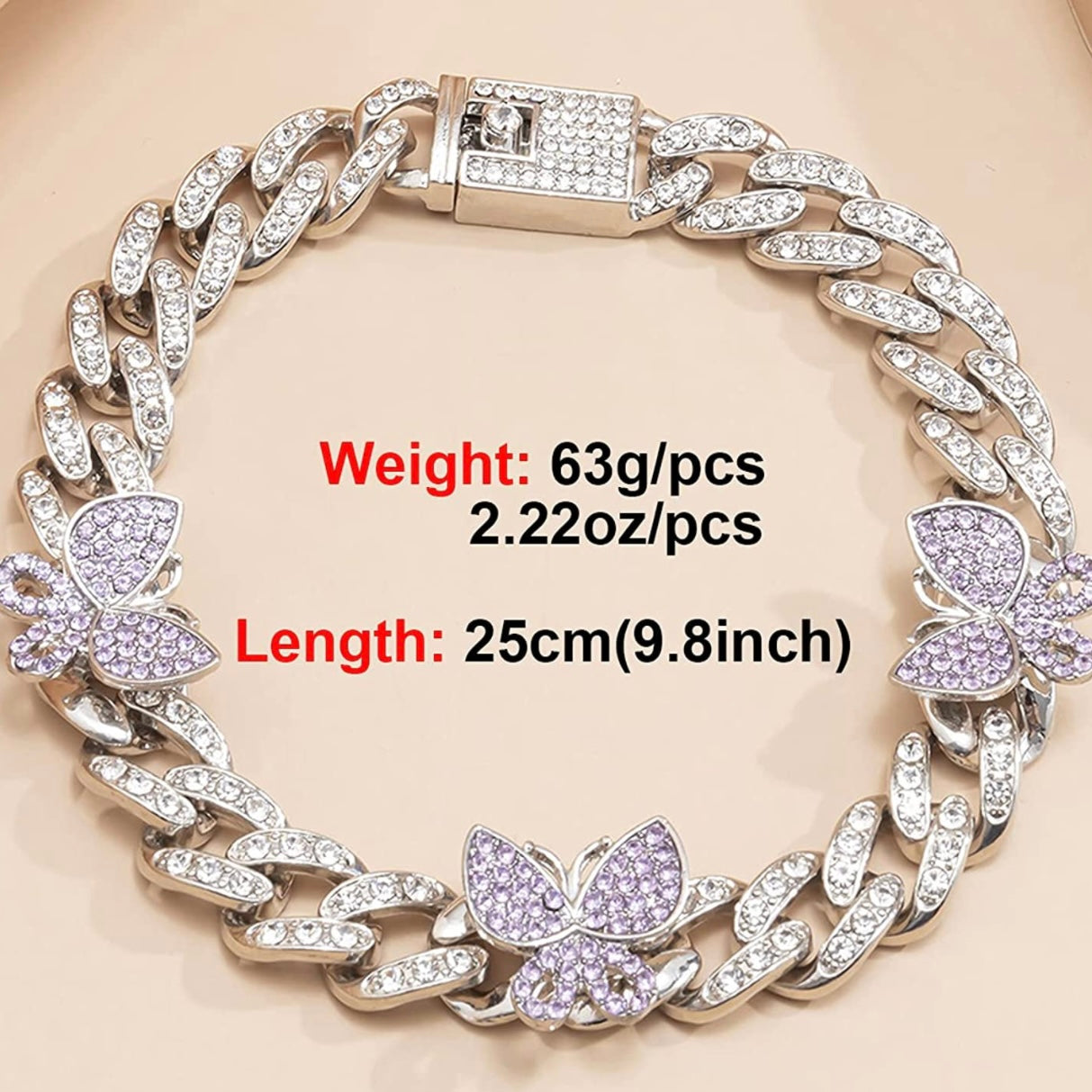 Impresionante pulsera de tobillo con eslabones cubanos y mariposas de diamantes de imitación para mujer
