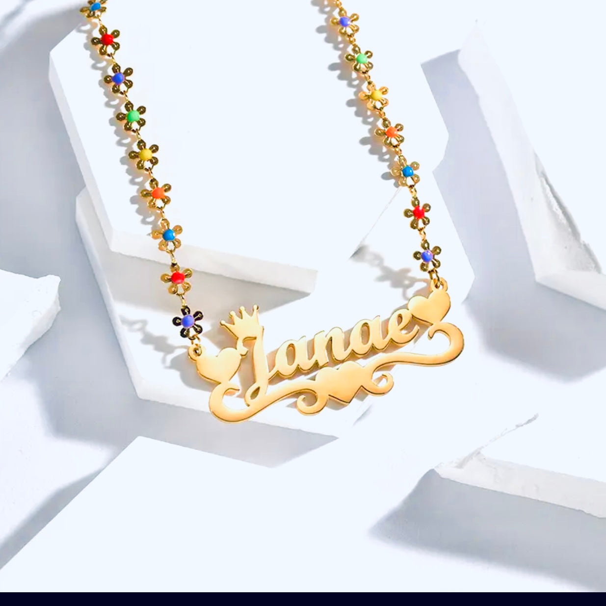 14k Gold Stainless Steel 3D Multi-Color Flower And Butterfly Custom Name Necklace