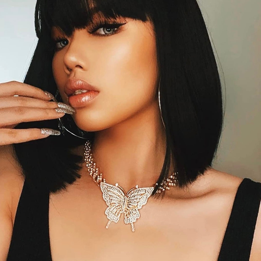 Collar de diamantes de imitación con eslabones cubanos de mariposa de 16 pulgadas