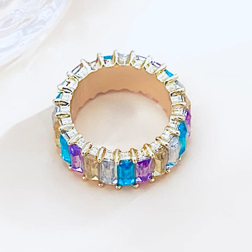 Multi-Colored CZ Crystal Eternity Baguette Ring, Size 8, Perfect Stackable Jewelry Gift