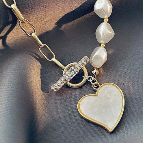 Lopsided 14k Gold Heart Shaped Pearl Pendant Necklace w/ Sapphire Chrystal Encrusted Toggle Clasp