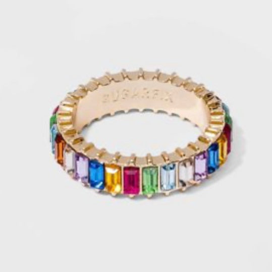 Exquisiter mehrfarbiger, makellos geschliffener Zirkonia 14 Karat Gold Silber Eternity Baguette Ring Größe 7