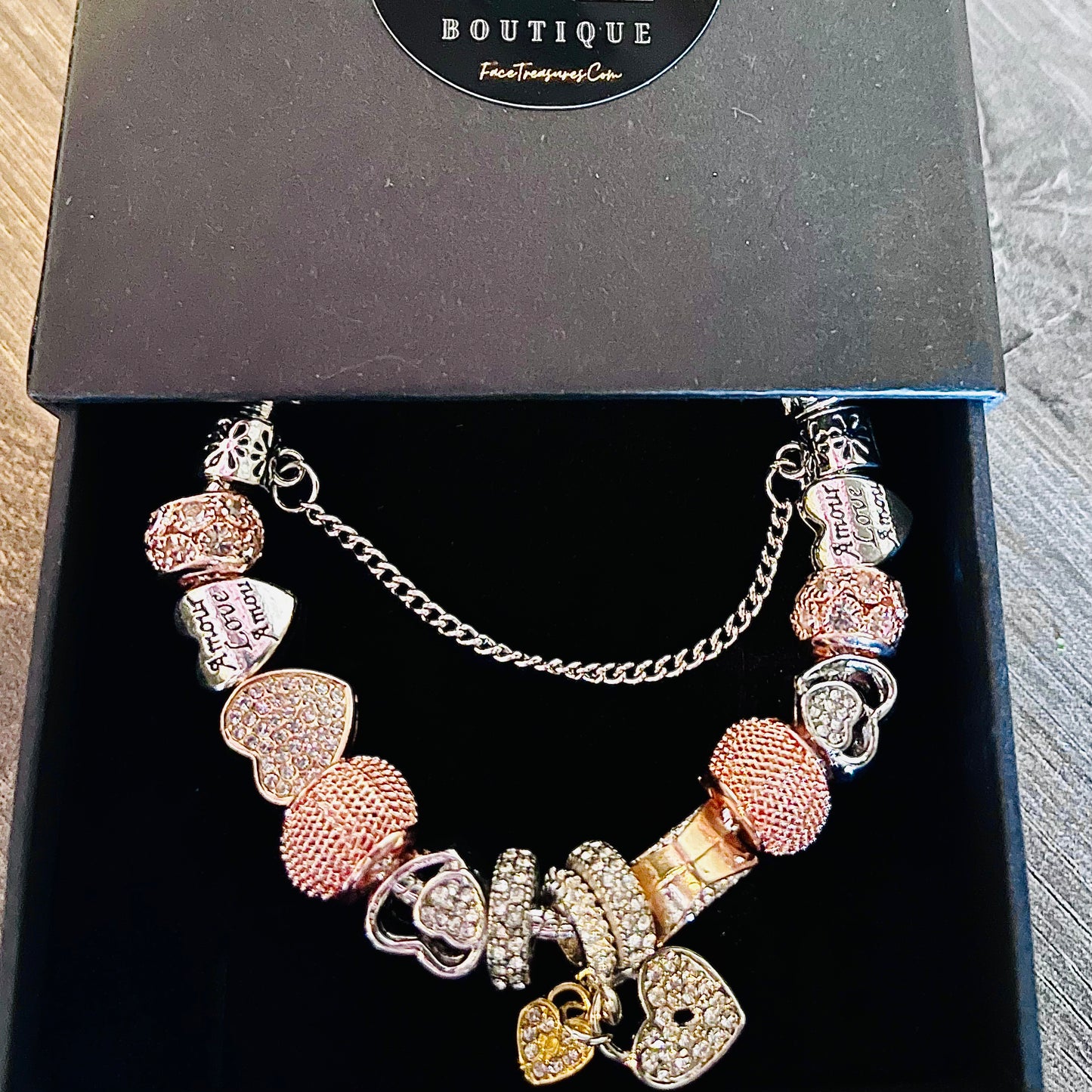 Beautiful Silver & Rose Gold “With Love” Charm Bracelet, Adjustable