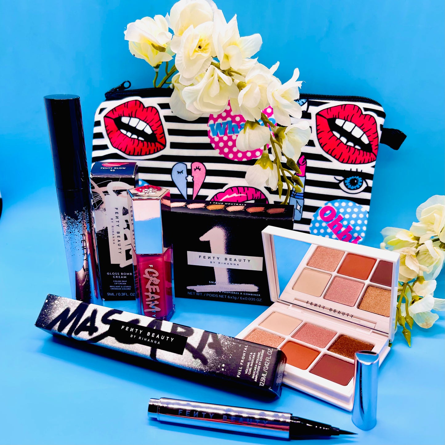 Fenty Beauty 6 Piece Makeup Gift Set, Eyeshadow, Lipstick, Eyeliner, Mascara w/ Free Bag
