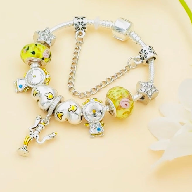 Very Rare Classic Silver Cubic Zirconia The Beauty & The Beast Charm Bracelet, Pandora Inspired Gifts For Her For Christmas Or Birthday