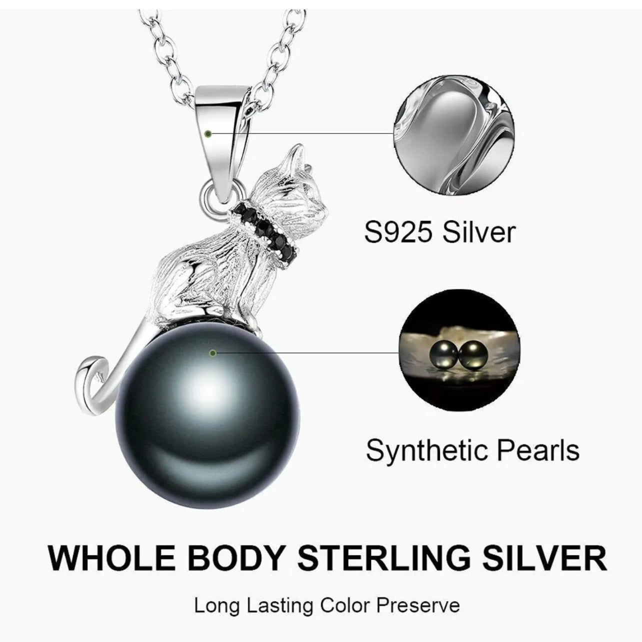 Elegant Rare 925 Diamond Cut Cubic Zirconia Fresh Water Pearl Unique Cat Pendant And 18” Silver WaterWave Chain Set
