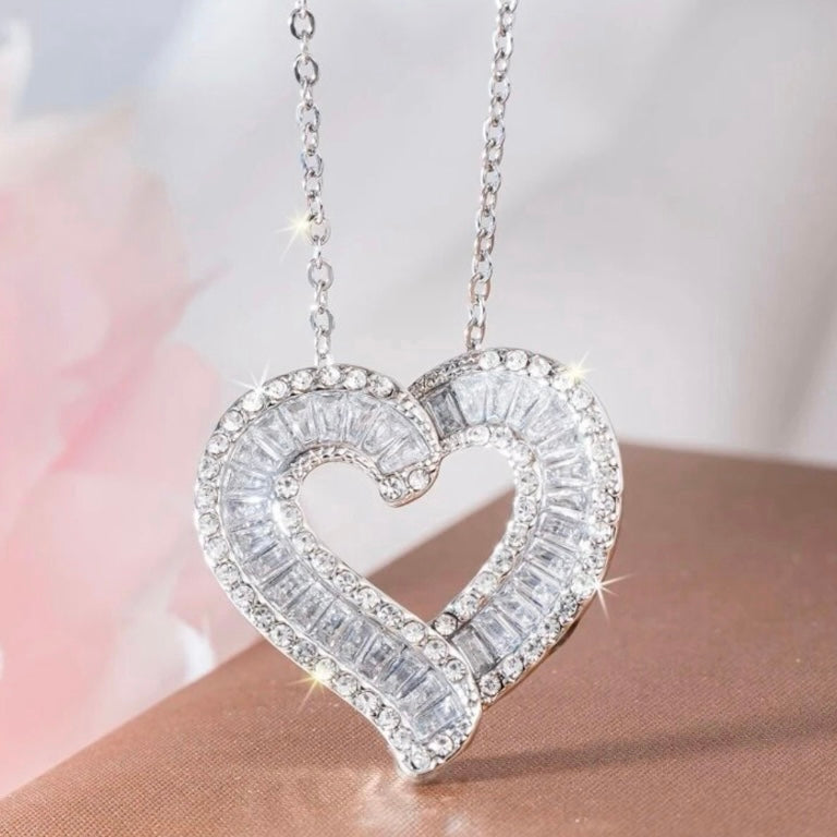 Flawless 14k White Gold Silver Princess Cut Chrystal Sapphire Heart Shaped Pendant 20 In. Necklace, Jewelry Gift For Her, Bridal, Easter