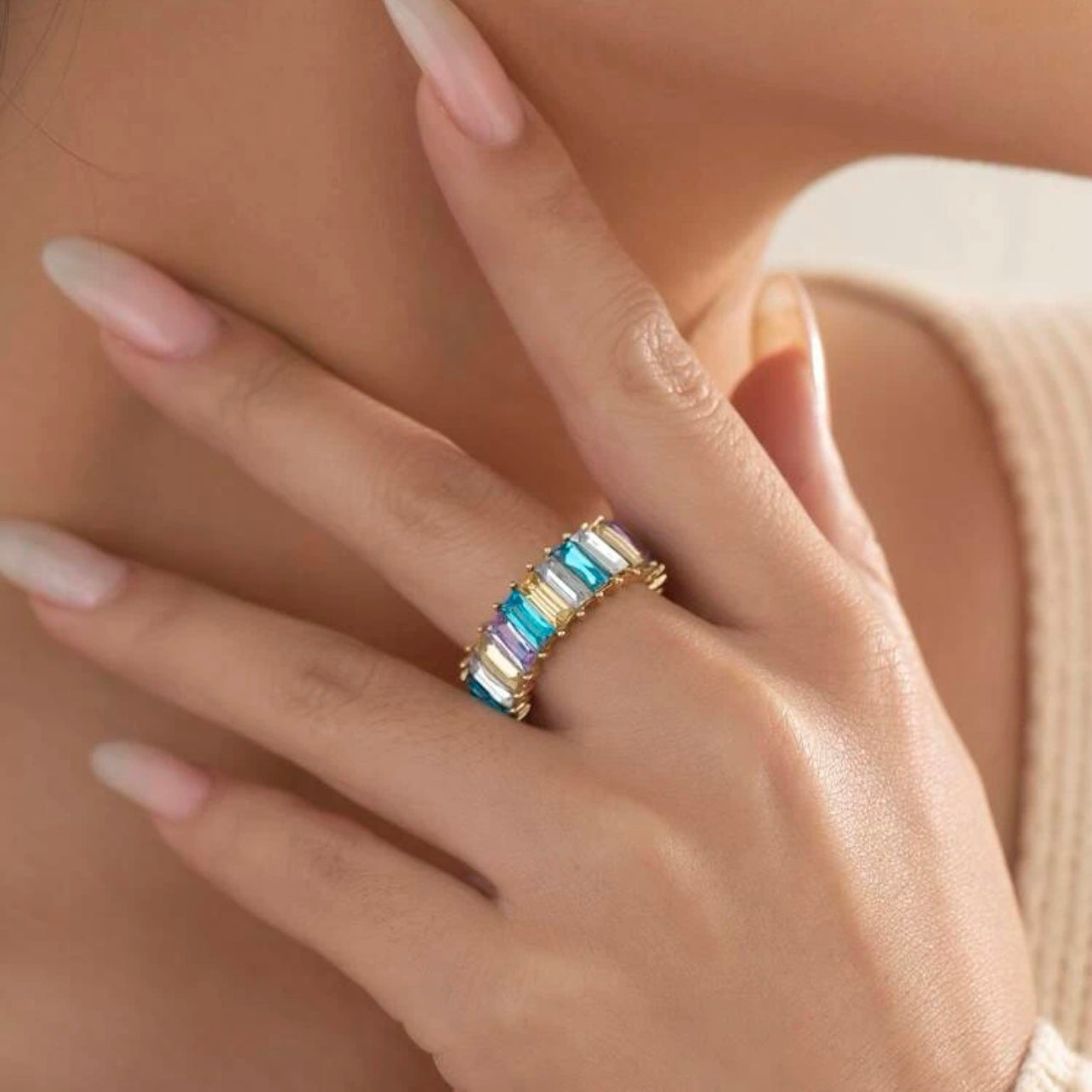 Multi-Colored CZ Crystal Eternity Baguette Ring, Size 8, Perfect Stackable Jewelry Gift