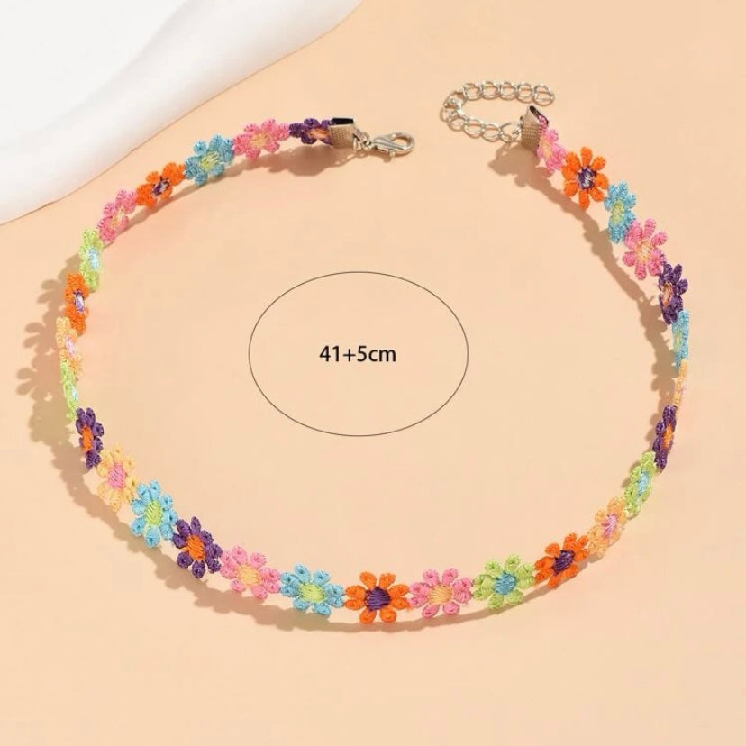 Multi-Colored Pastel Handcrafted Adjustable Floral Themed Flower Choker Necklace