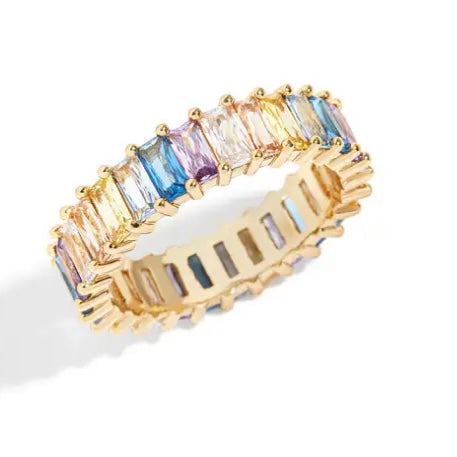 Multi-Colored CZ Crystal Eternity Baguette Ring, Size 8, Perfect Stackable Jewelry Gift