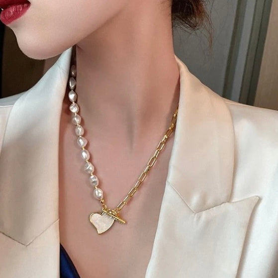 Lopsided 14k Gold Heart Shaped Pearl Pendant Necklace w/ Sapphire Chrystal Encrusted Toggle Clasp