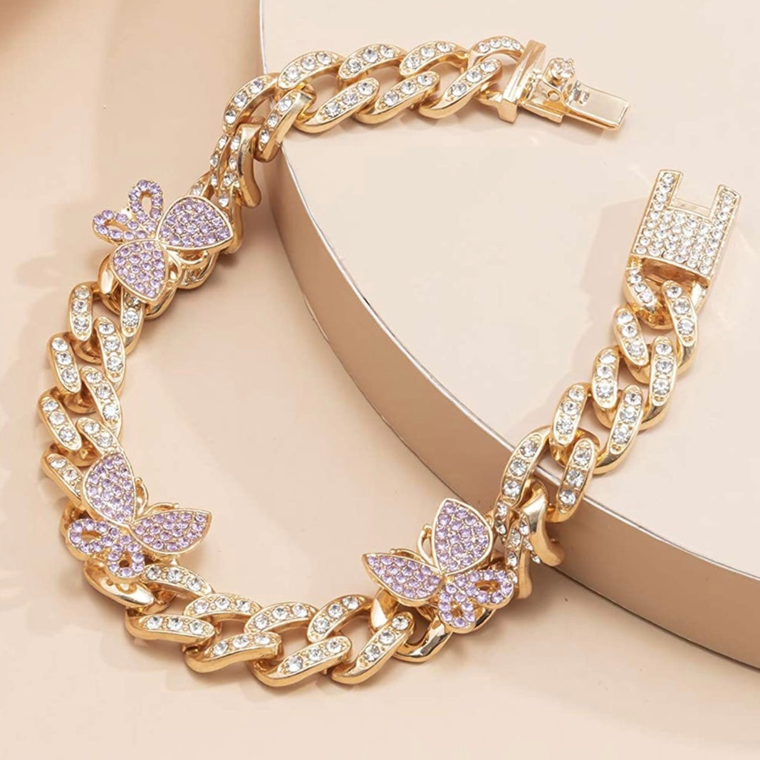 Impresionante pulsera de tobillo con eslabones cubanos y mariposas de diamantes de imitación para mujer