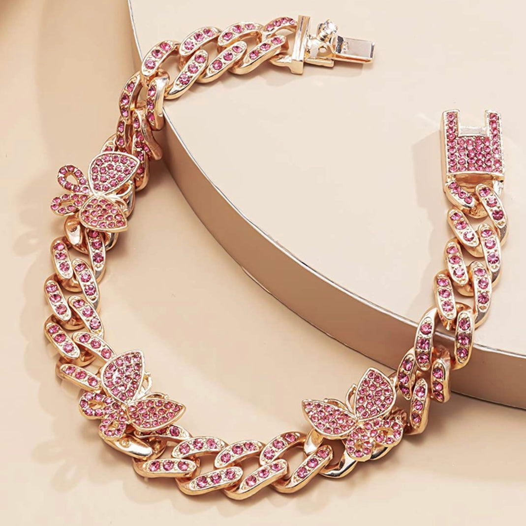 Impresionante pulsera de tobillo con eslabones cubanos y mariposas de diamantes de imitación para mujer