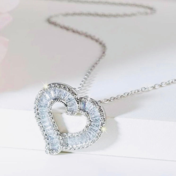 Flawless 14k White Gold Silver Princess Cut Chrystal Sapphire Heart Shaped Pendant 20 In. Necklace, Jewelry Gift For Her, Bridal, Easter