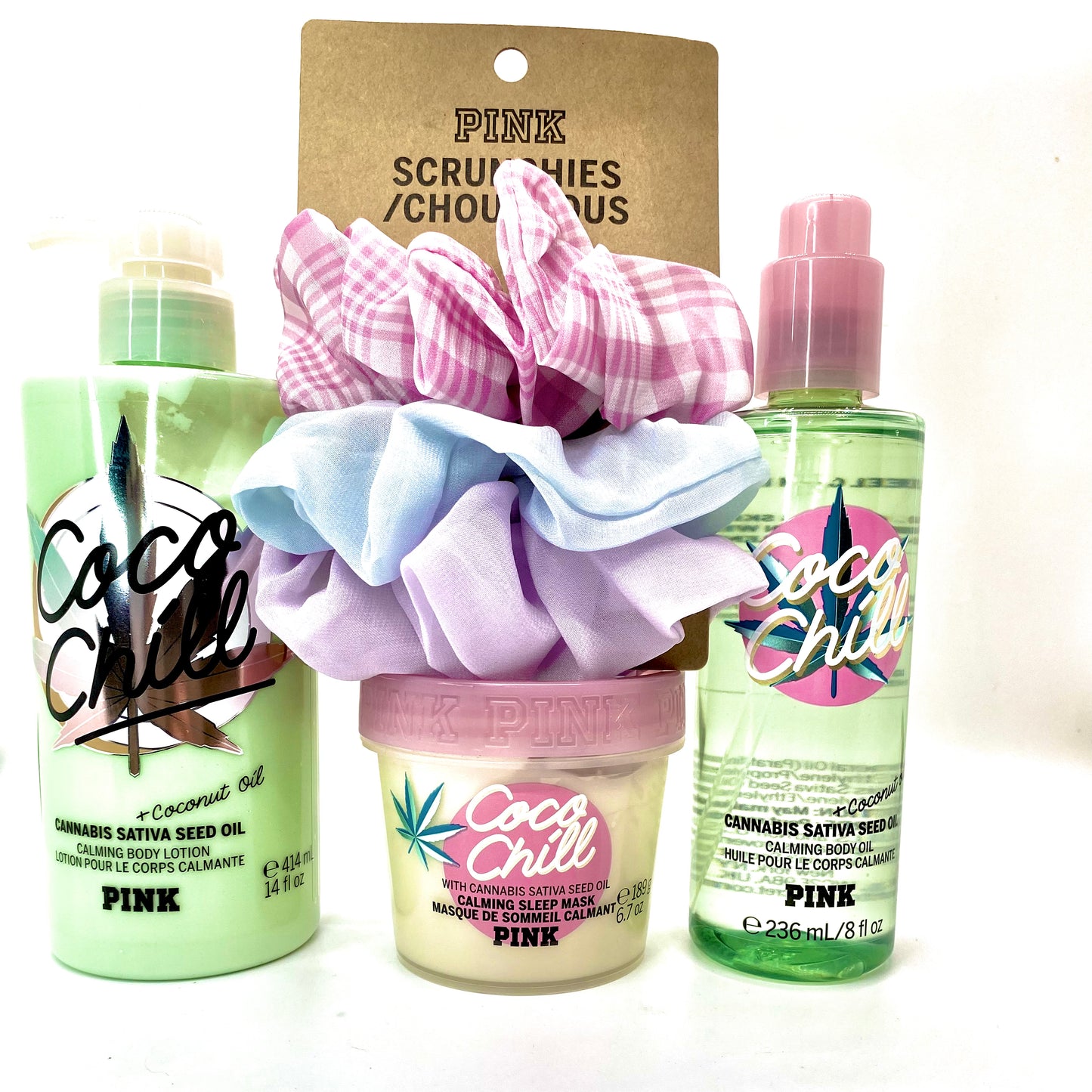 Victoria Secret Coco Chill Ultimate Juego de spa de 6 piezas con 3 coleteros de seda