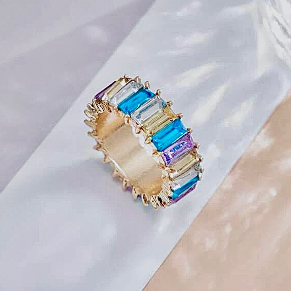 Multi-Colored CZ Crystal Eternity Baguette Ring, Size 8, Perfect Stackable Jewelry Gift