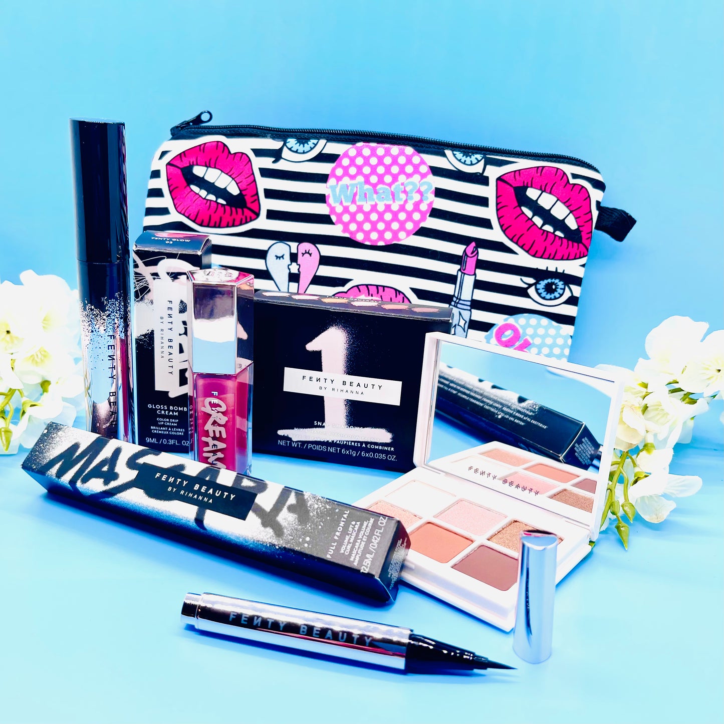 Fenty Beauty 6 Piece Makeup Gift Set, Eyeshadow, Lipstick, Eyeliner, Mascara w/ Free Bag
