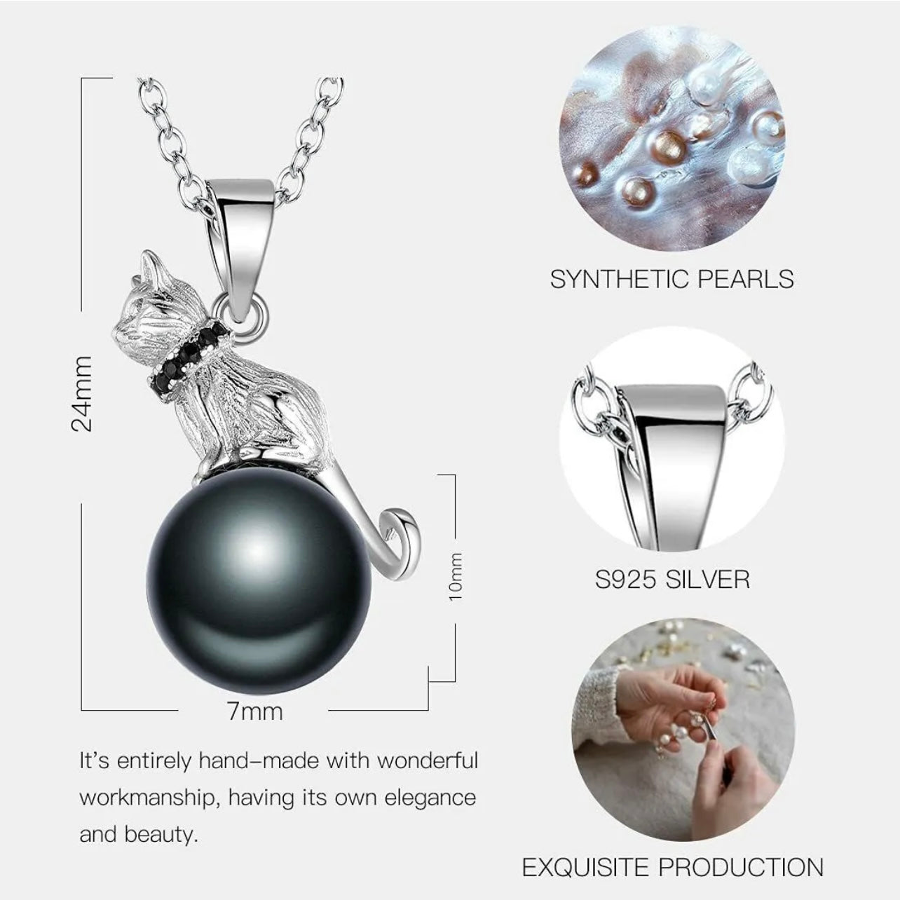 Elegant Rare 925 Diamond Cut Cubic Zirconia Fresh Water Pearl Unique Cat Pendant And 18” Silver WaterWave Chain Set
