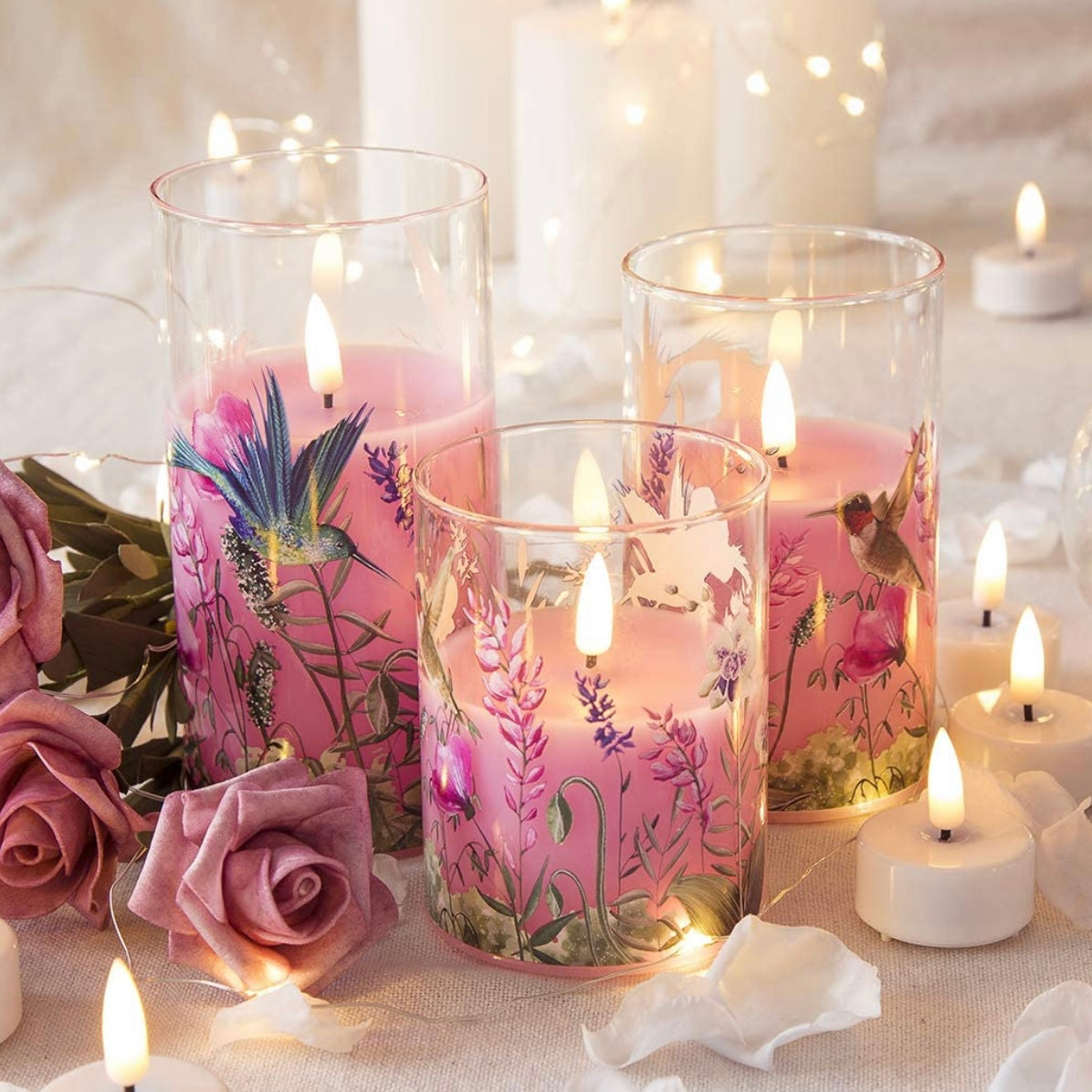Juego de velas de vidrio diseñadas y hechas a mano sin llama de 3 piezas LED 3D totalmente naturales
