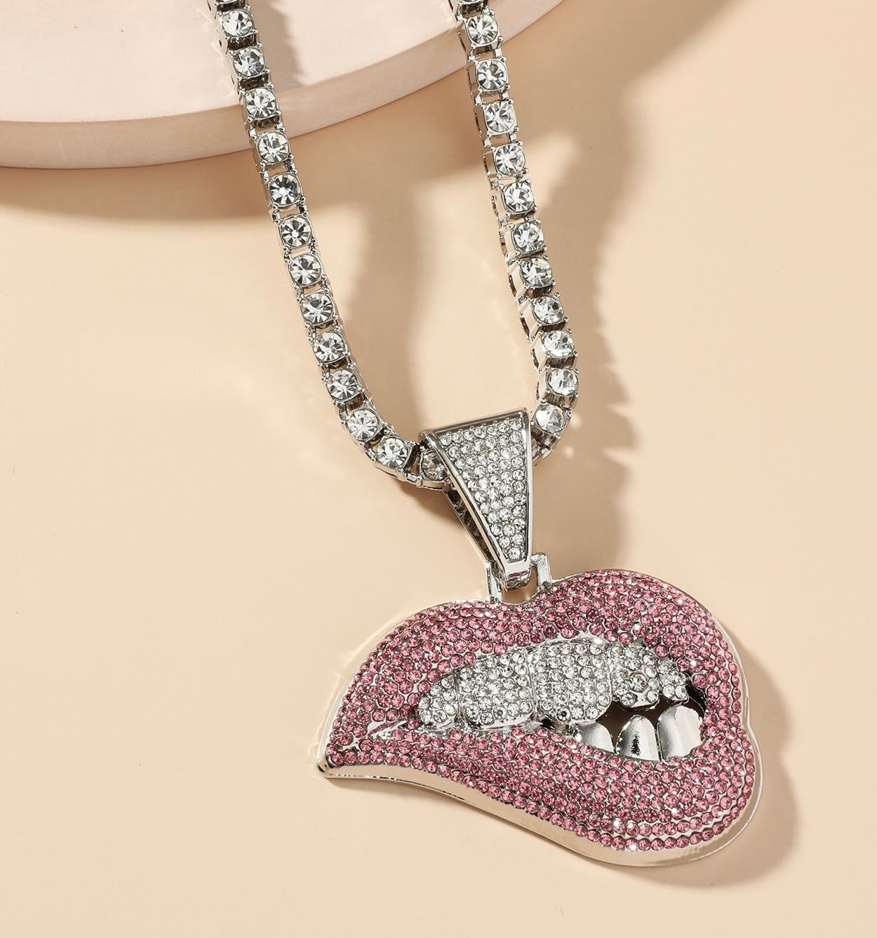 Stunning Gold Lips Encrusted CZ Rhinestone’s Pendant Necklace
